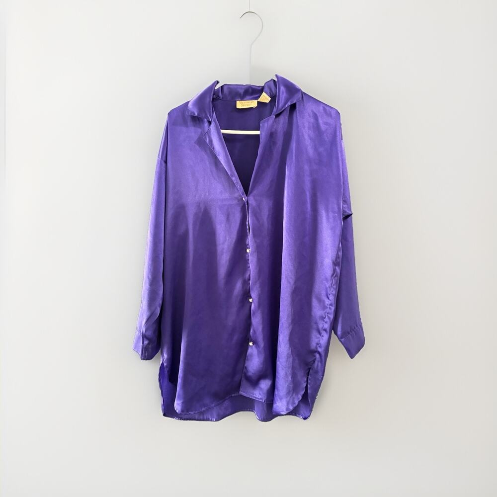 Vintage Victoria Secret Gold Label Purple Satin Sleep Shirt Small